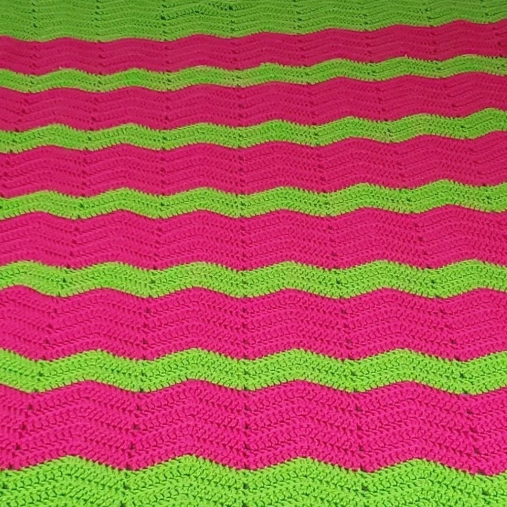 Handmade Crochet Blanket Unisex 49x68 Pink Green Chevron Ripple Afghan